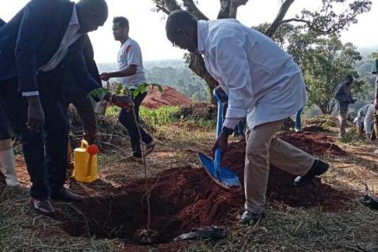 Dr. George Abong' leads the department in the tree planting exercise