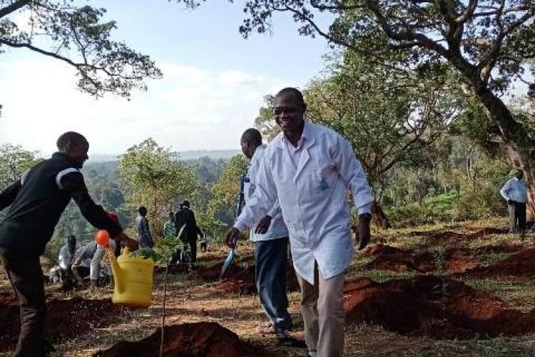 Dr. George Abong' leads the department in the tree planting exercise